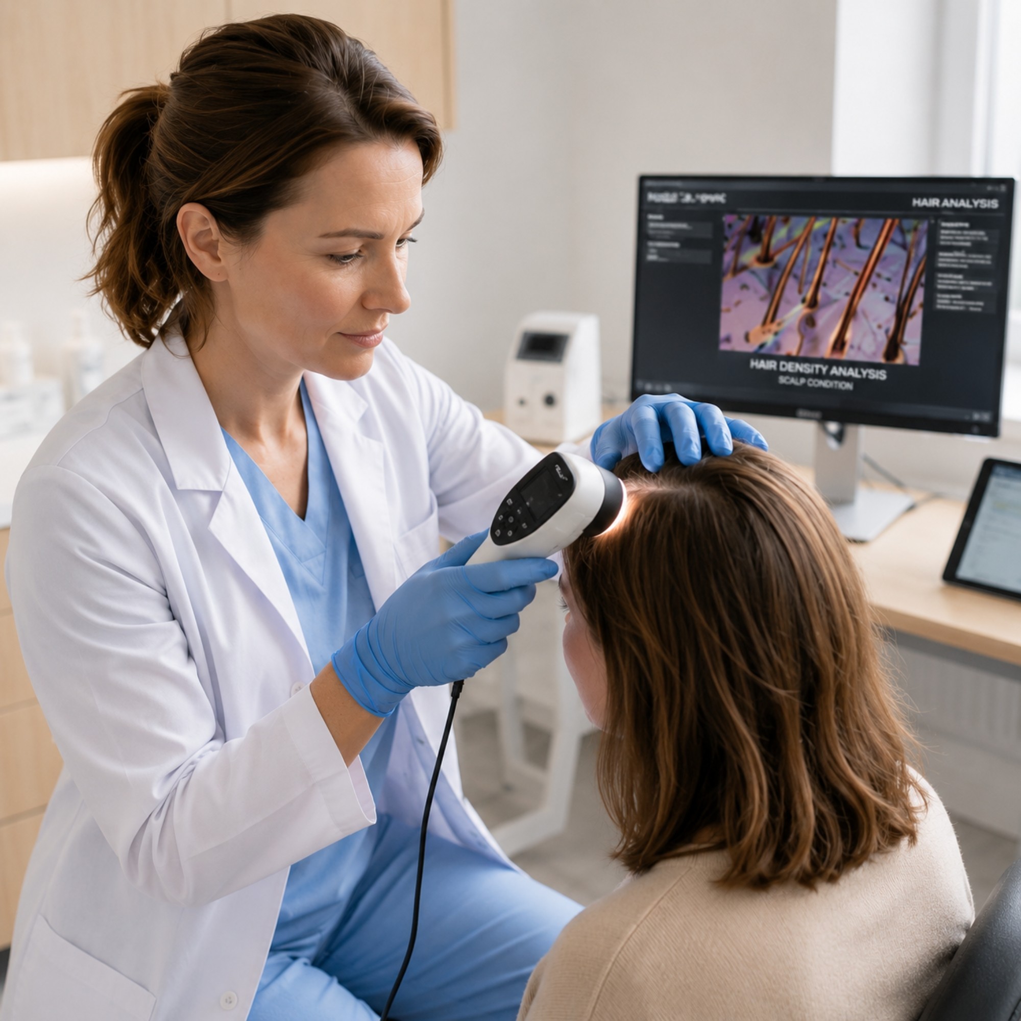 Arts van Intermedica voert een medische analyse van hoofdhuid en haar uit met aanvullende analyseapparatuur.