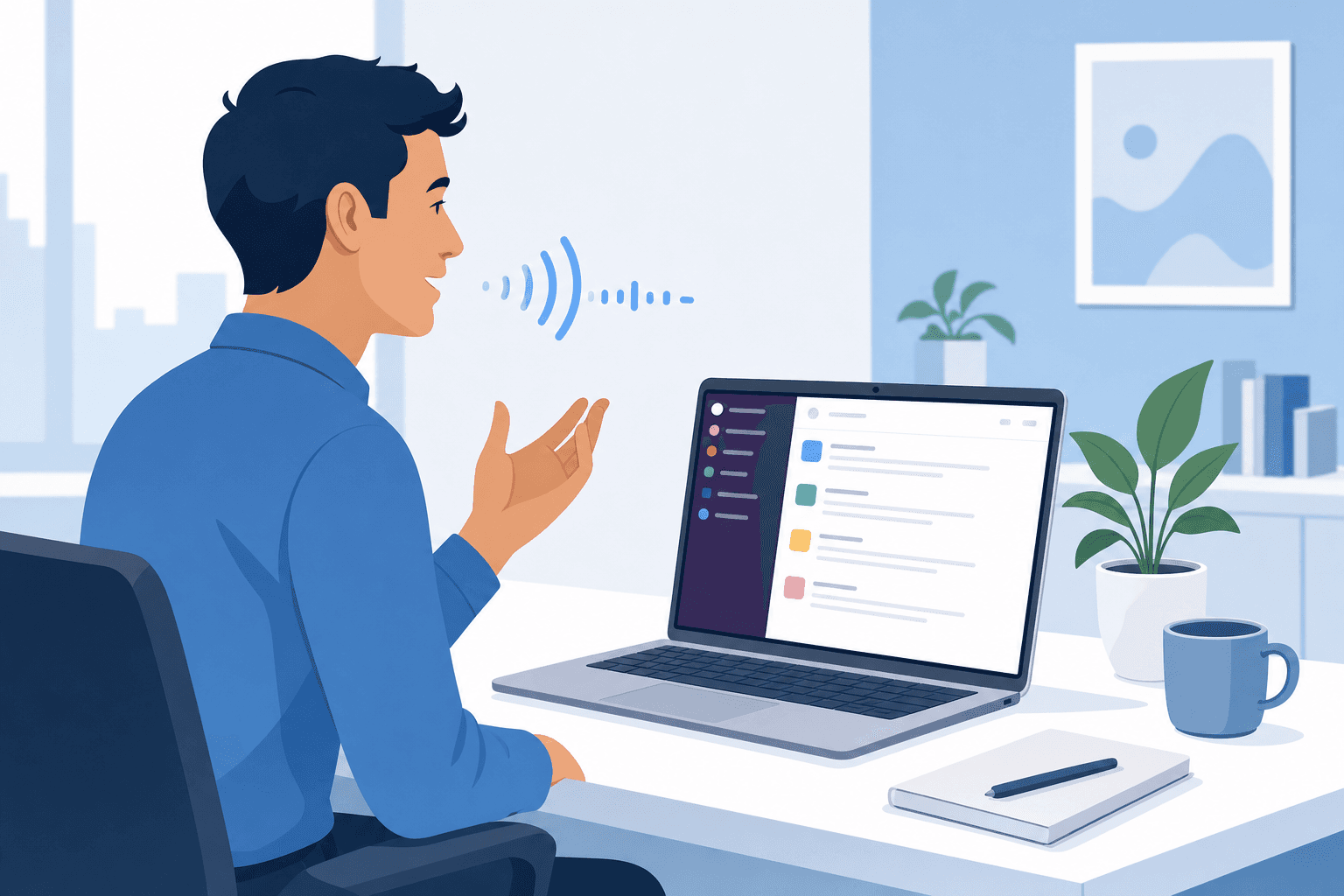 A professional sitting at a modern desk with a laptop open to Slack, speaking naturally into the air while words appear instantly on screen. Clean, minimal workspace with soft ambient lighting. The scene conveys speed and ease — no headset, just voice flowing into text. Flat illustration style with a soft blue and white color palette.