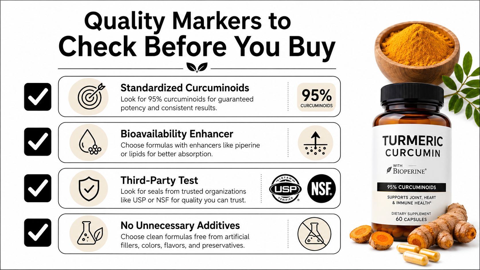 An educational infographic showing four essential quality markers to look for when choosing turmeric curcumin supplements.