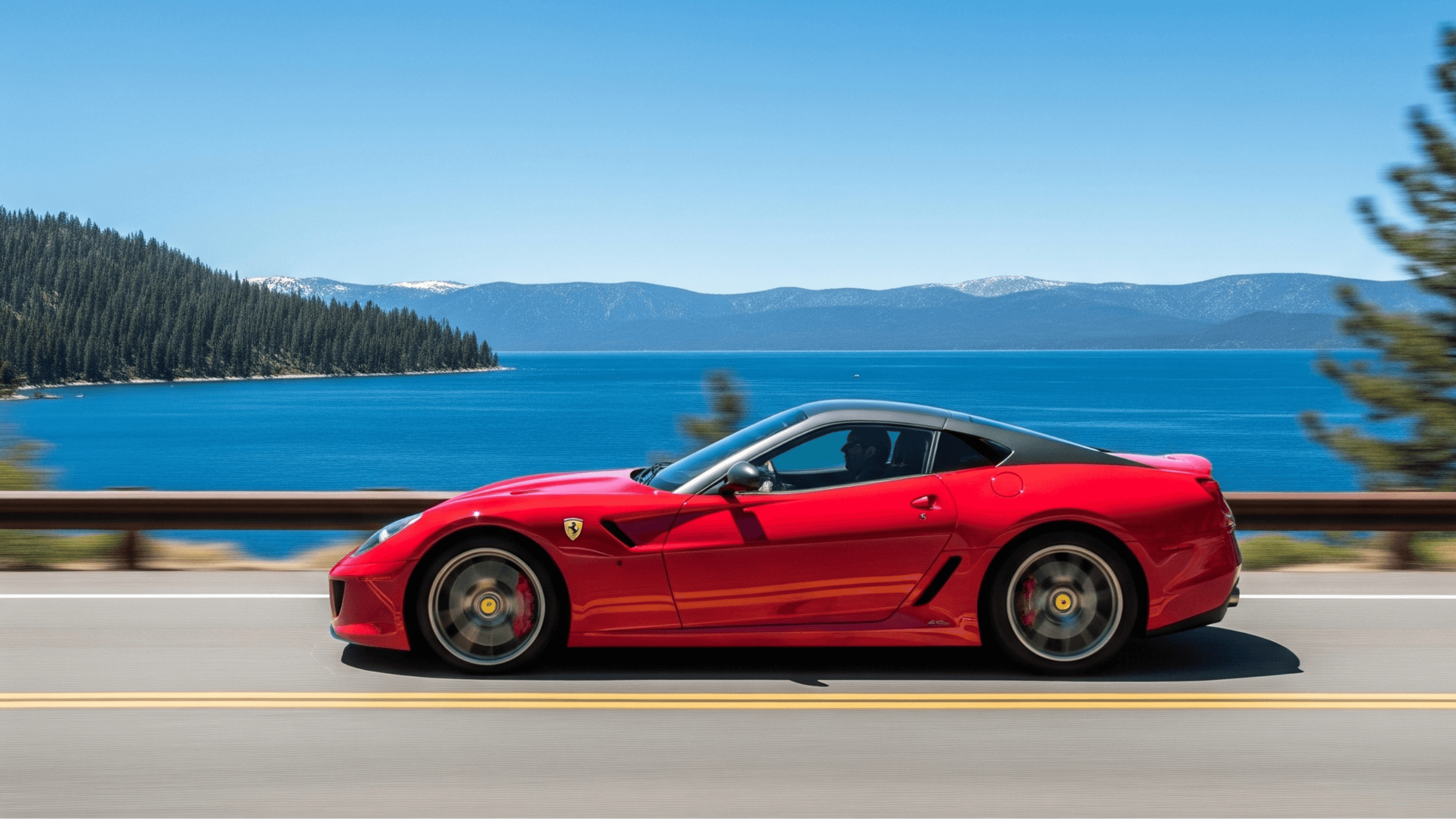 Ferrari 599 GTO Rosso Corsa driving in Lake Tahoe