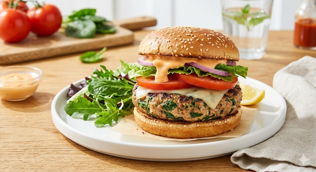 A close-up photograph of a photorealistic healthy turkey and spinach burger with tomato slices and sriracha mayo on a toasted keto bun, served as a high-protein, nutritious fitness meal.