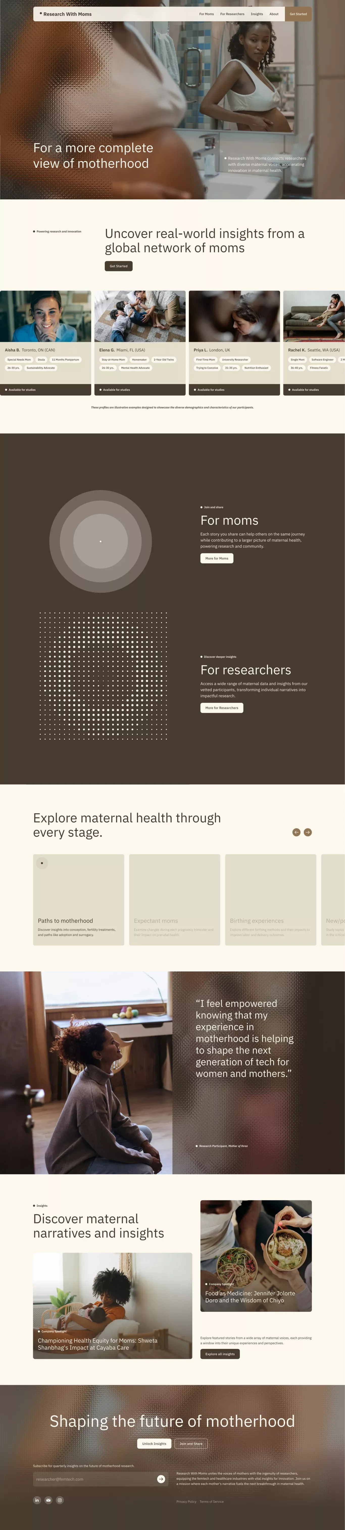 Research With Moms landing page screenshot showcasing Education and Kids design