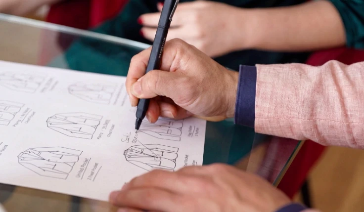Tailor measuring fabric during a bespoke androgynous suit fitting