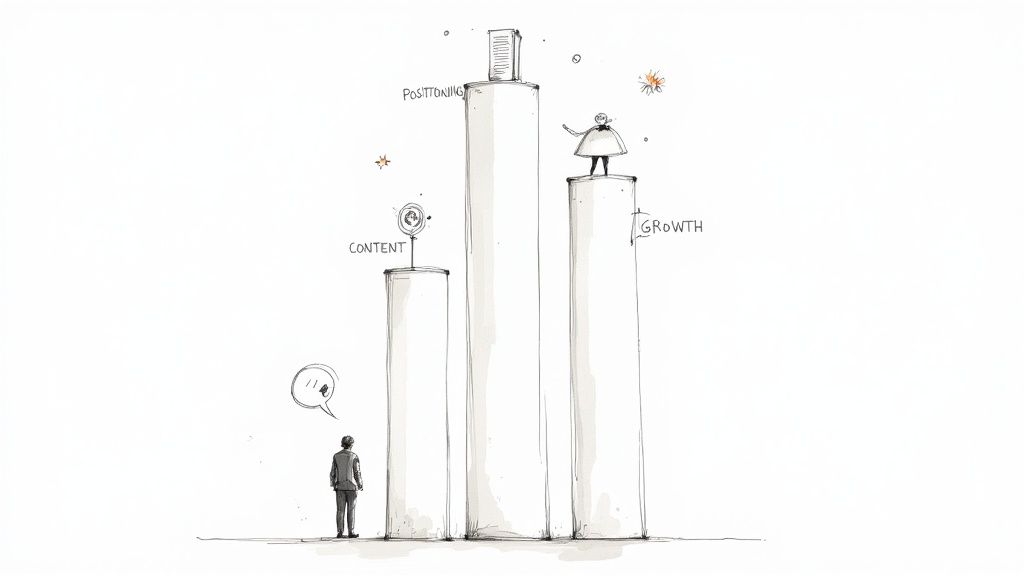 Illustration showing three pillars labeled positioning, content, and growth representing personal brand building strategy