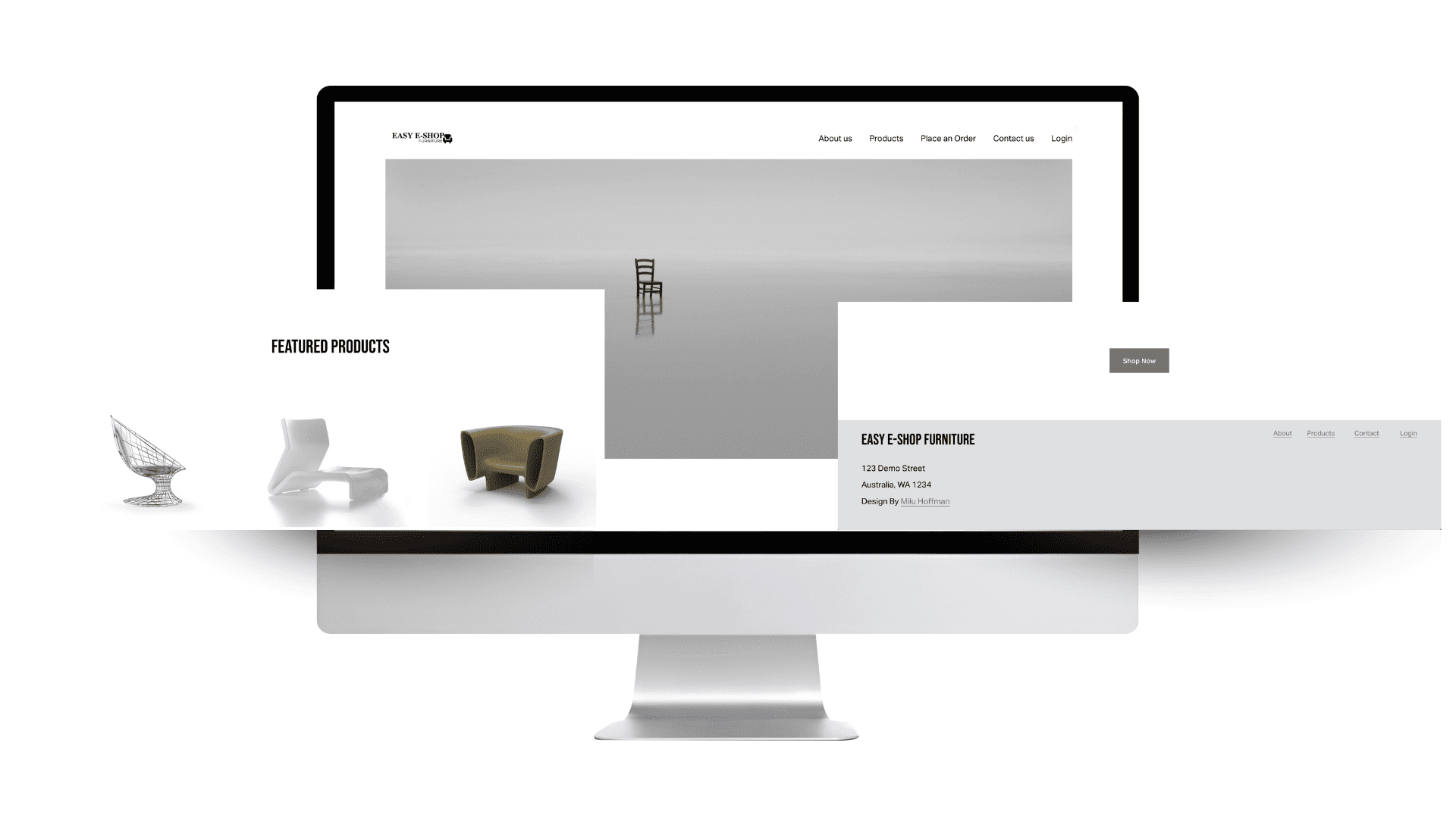 Desktop website mockup showing a clean navigation menu and featured furniture products with a focus on negative space and high-end design.
