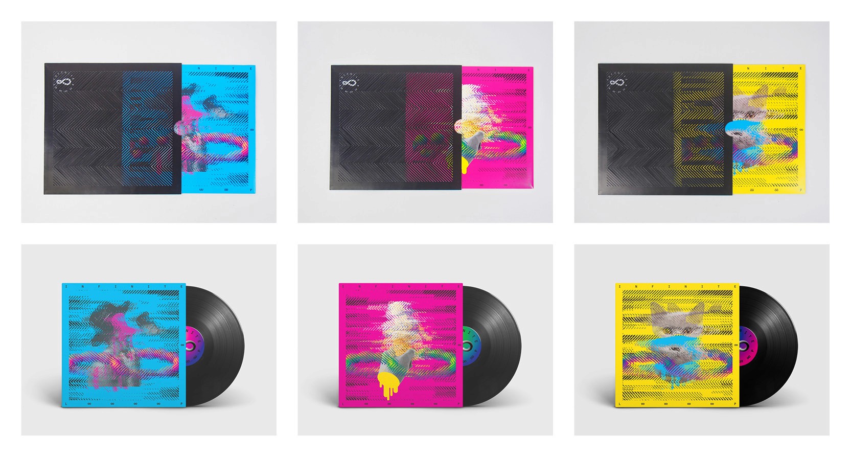 A set of three vinyl disc cover cases, one blue with magenta drawings, one magenta with green and yellow drawings and one yellow with blue drawings on them.