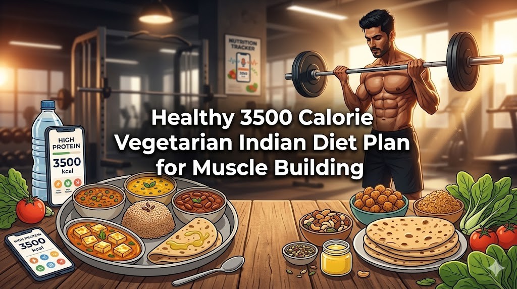 A cartoon illustration of a 3500-calorie Indian vegetarian diet plan for muscle building. The image features a thali with dishes like paneer, dal, and rice on a wooden table. In the background, a muscular man lifts a barbell in a gym. Digital trackers display "3500 kcal" and "HIGH PROTEIN".