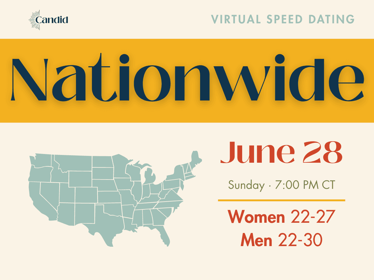 Candid Virtual Speed Dating - Nationwide Event on June 28 at 7:00 PM CT. Open to Catholic singles nationwide. Women ages 22-27, Men ages 22-30.