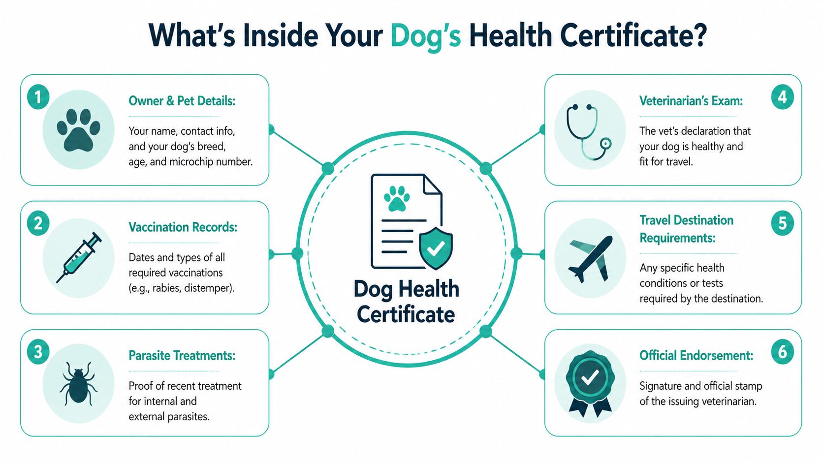 An infographic titled What is inside your dog's health certificate, detailing six essential document components.