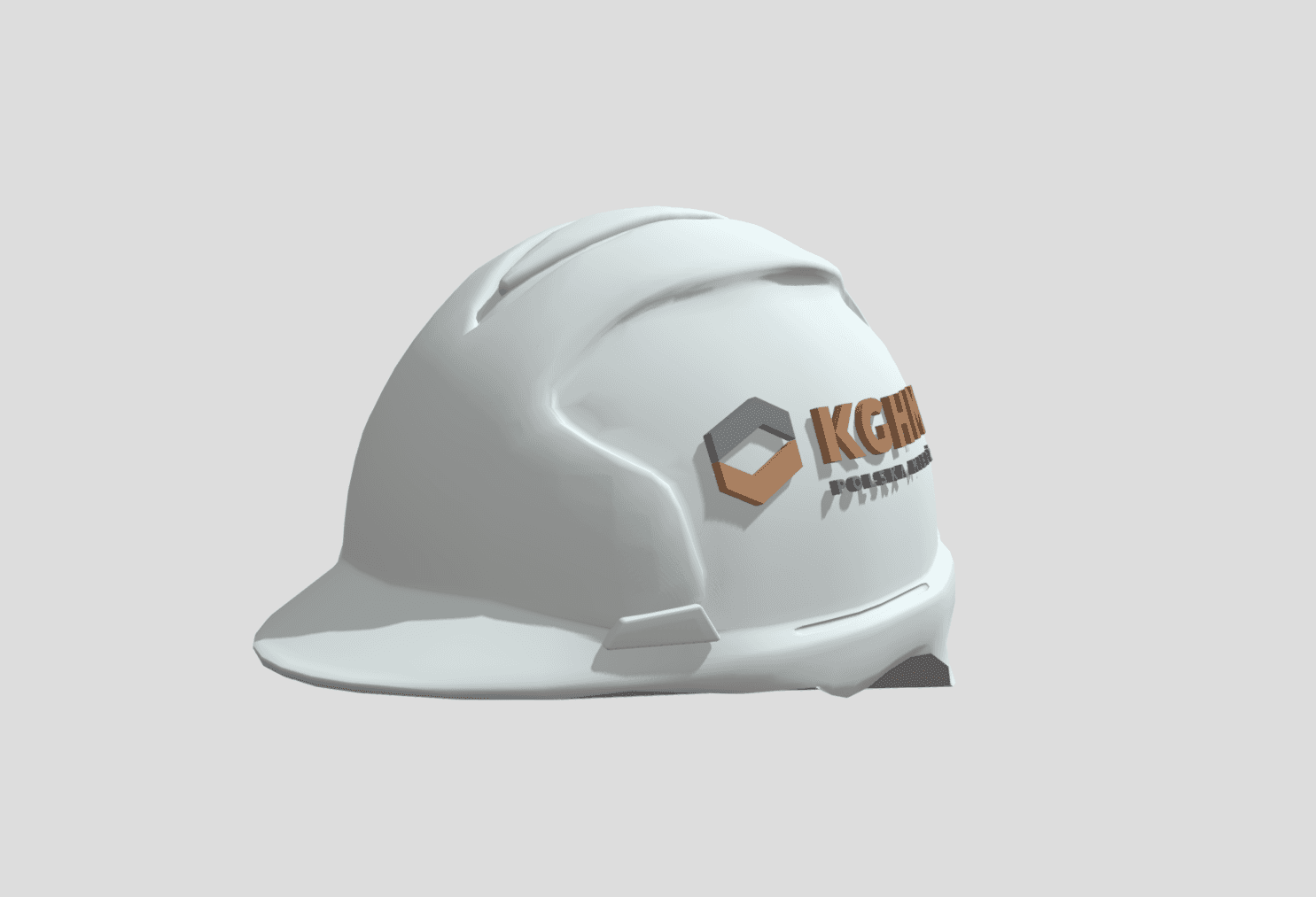 Realistyczna wizualizacja 3D białego kasku ochronnego z logo KGHM wykonana na potrzeby reklamy przemysłowej oraz BHP