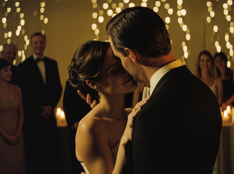 Couple sharing intimate moment during evening wedding ceremony by candlelight