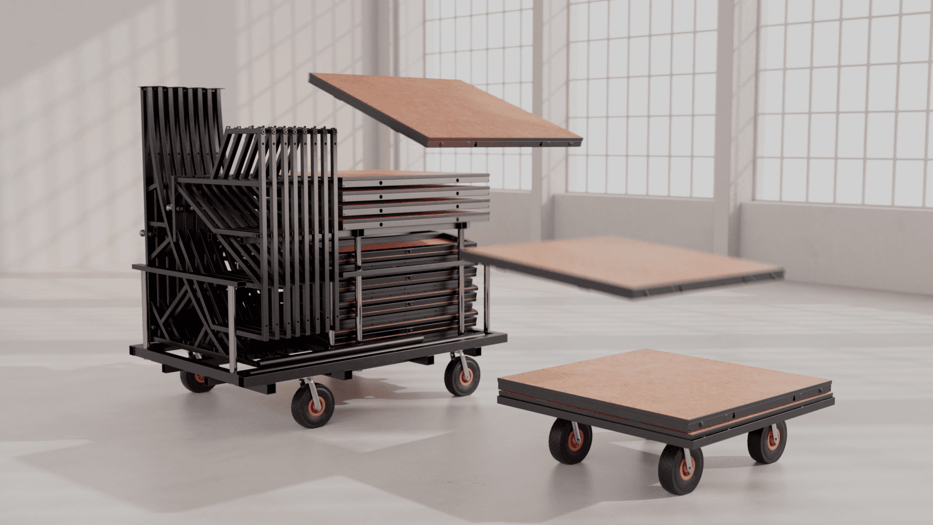 Skate ramp platforms being loaded onto the mobile dollie to be easily transported to where the ramp is being built