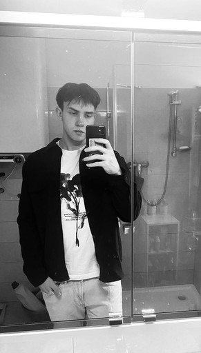 persona portrait image man with orange background and person's image on top