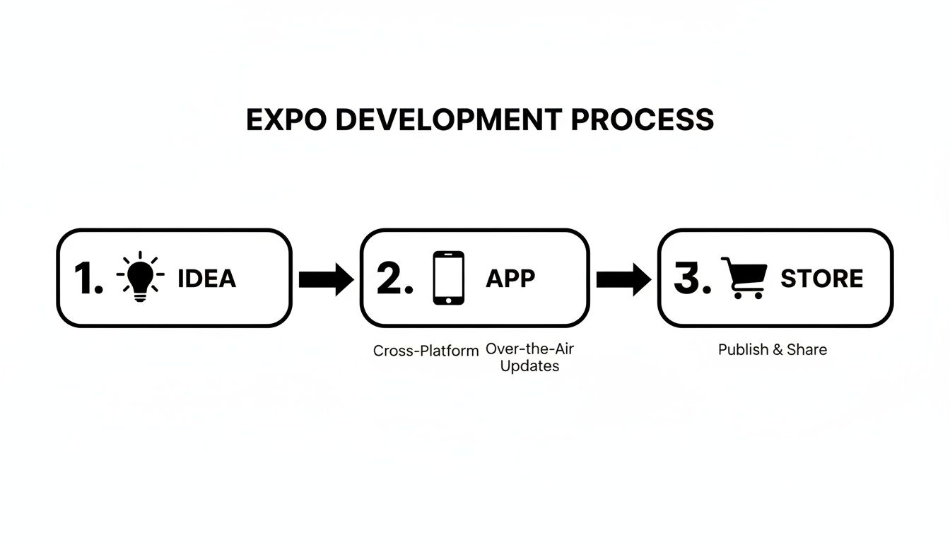 A diagram illustrating the Expo development process from idea to app creation and store publishing.