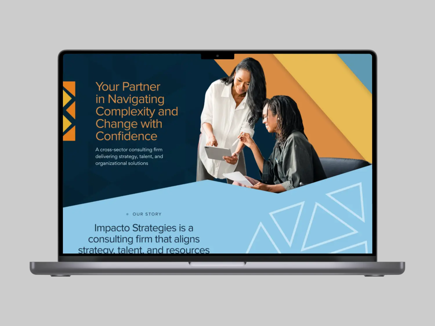 A presentation slide featuring two women, with colorful geometric shapes in the background.