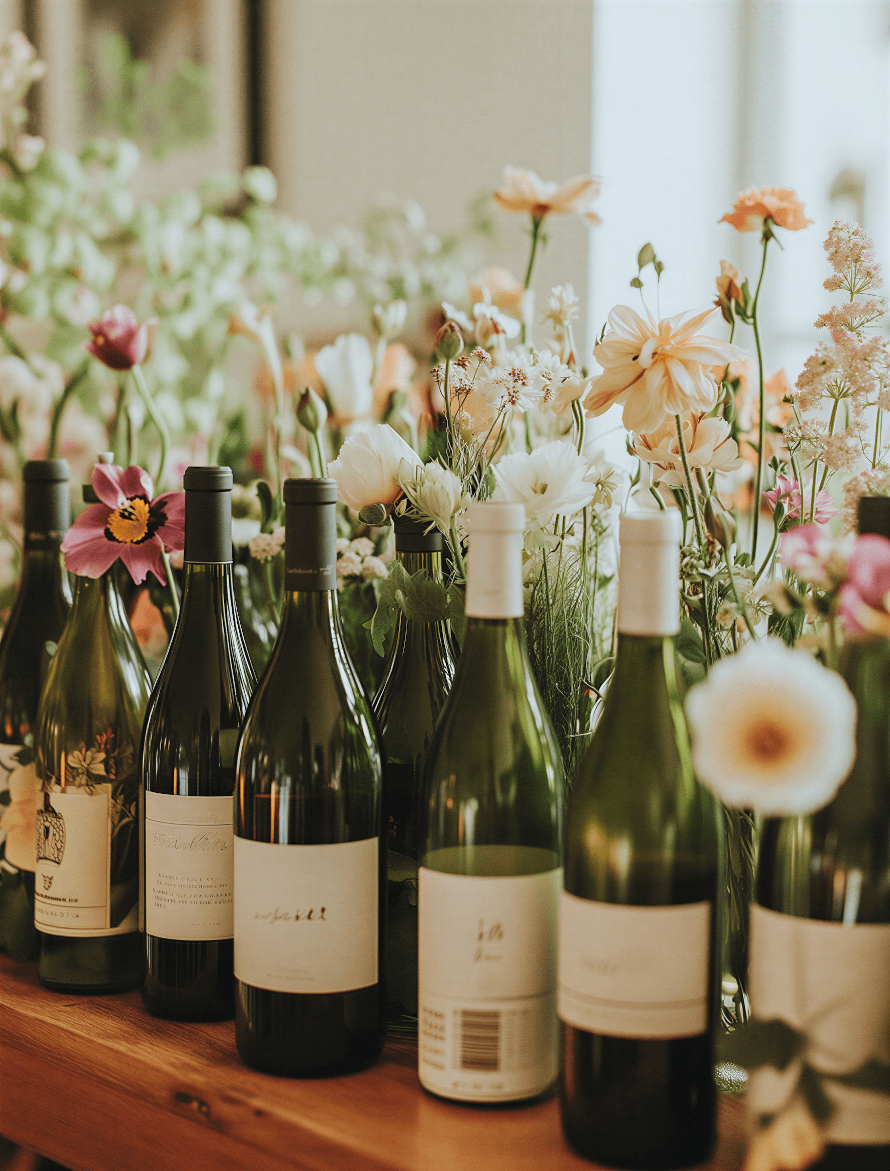 Wine bottles arranged on a wooden table with delicate flowers in soft natural light