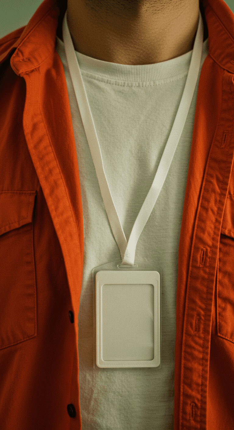 close-up image of a guys shirt wearing a lanyard