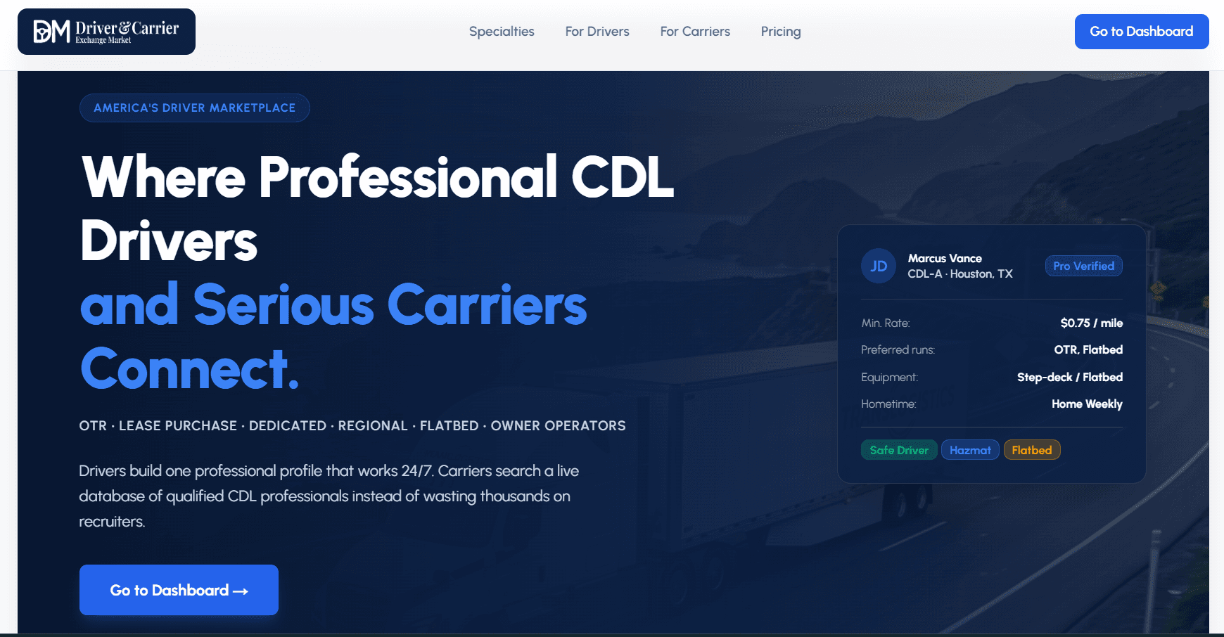 Driver Market website showing its CDL driver marketplace, carrier search features, and professional driver profile.