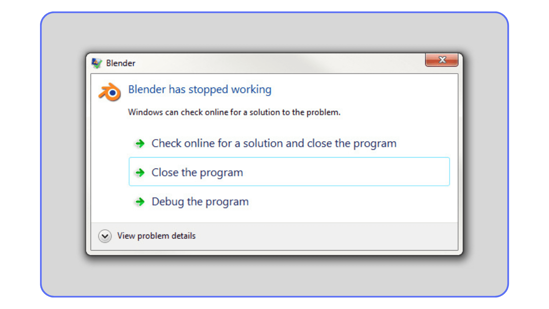 Blender has stopped working error message on Windows, illustrating crashes caused by hardware or memory limits