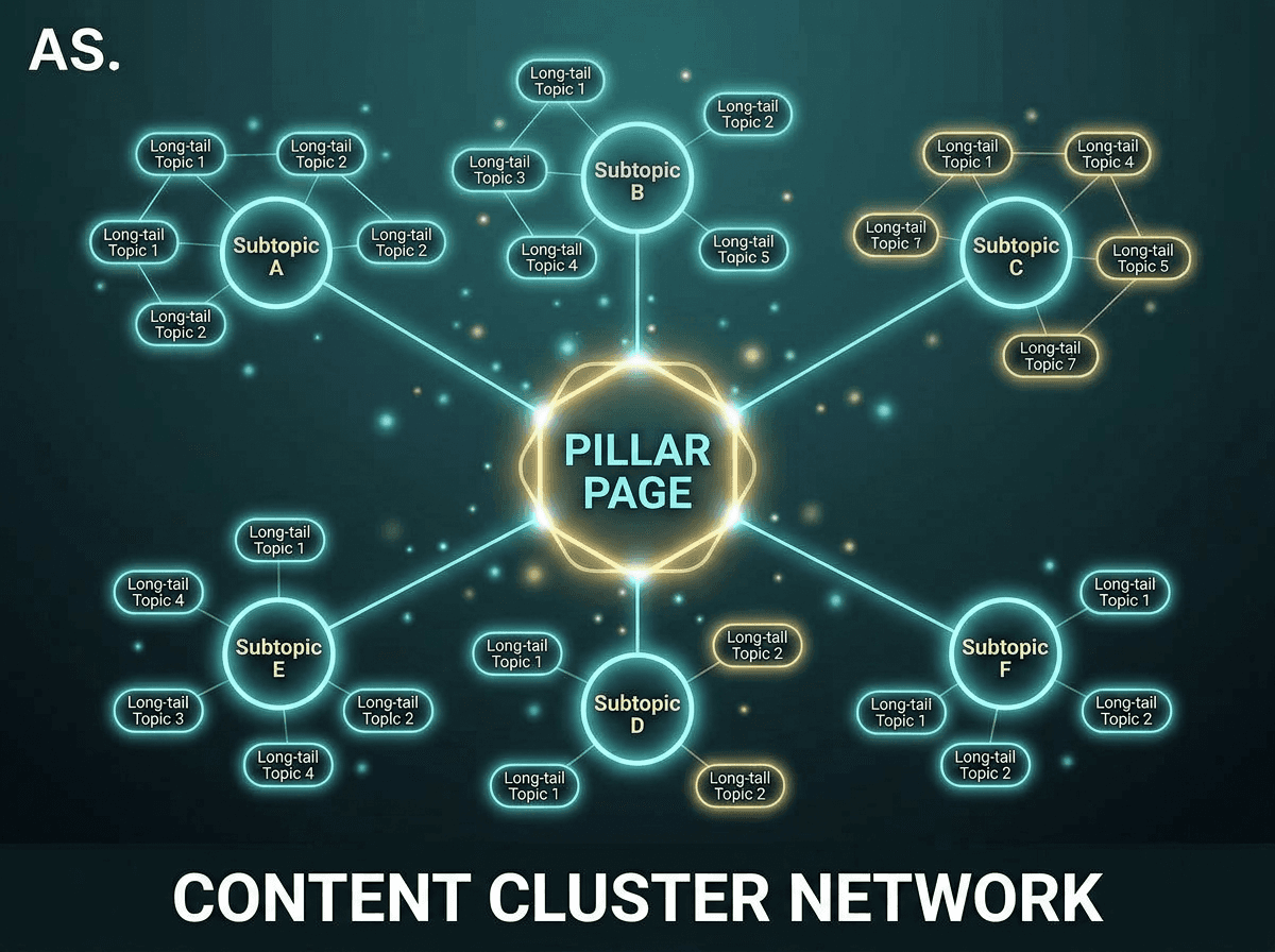 topical authority in SEO showing pillar content and interconnected topic clusters
