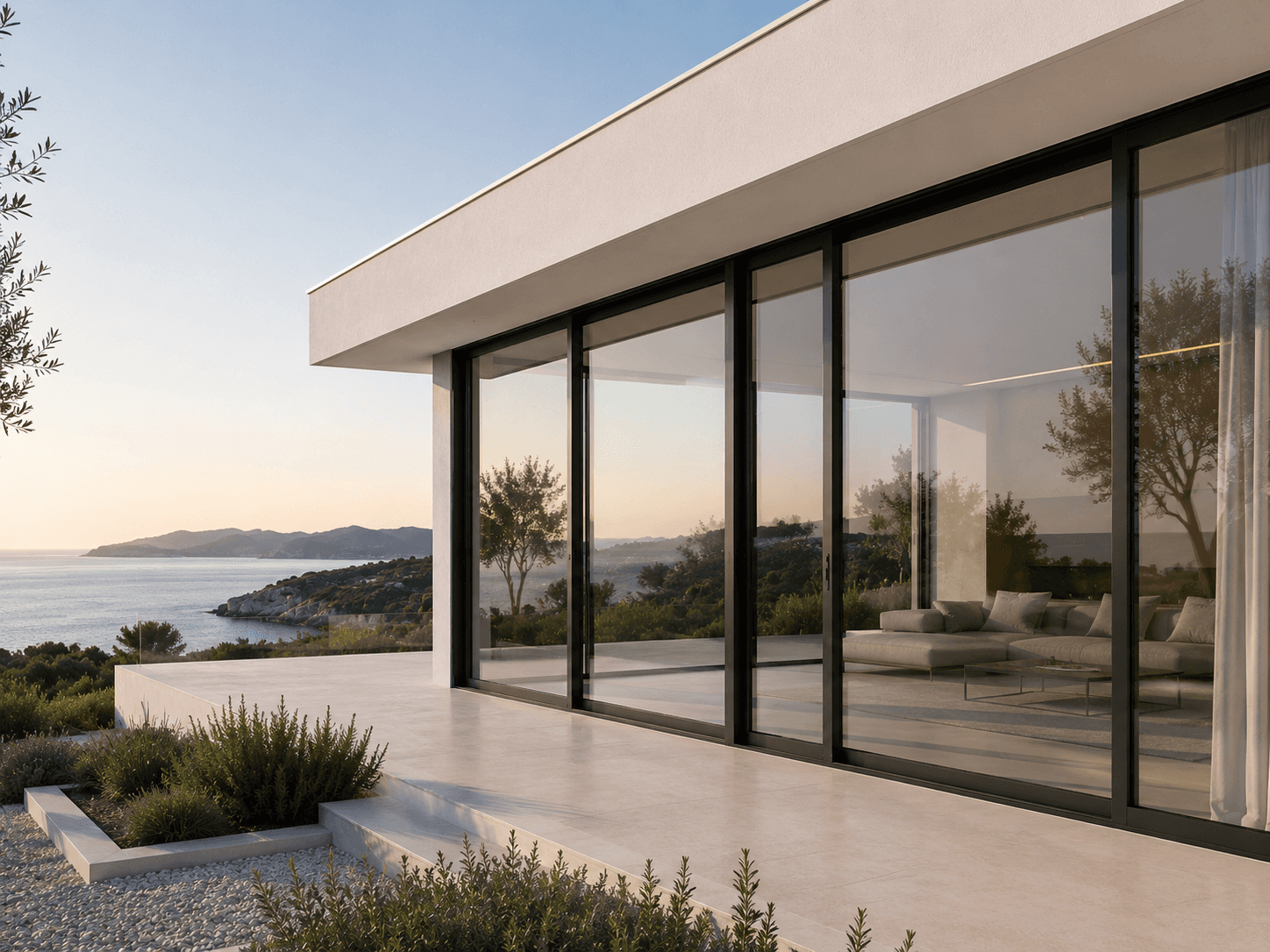 Infissi in alluminio moderni con profili minimali su villa contemporanea vista mare