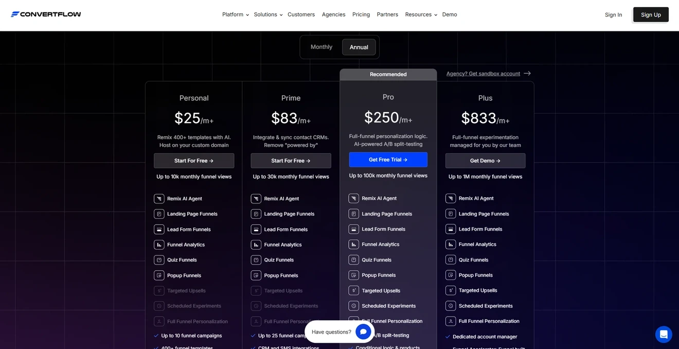 ConvertFlow pricing plans based on monthly funnel views.