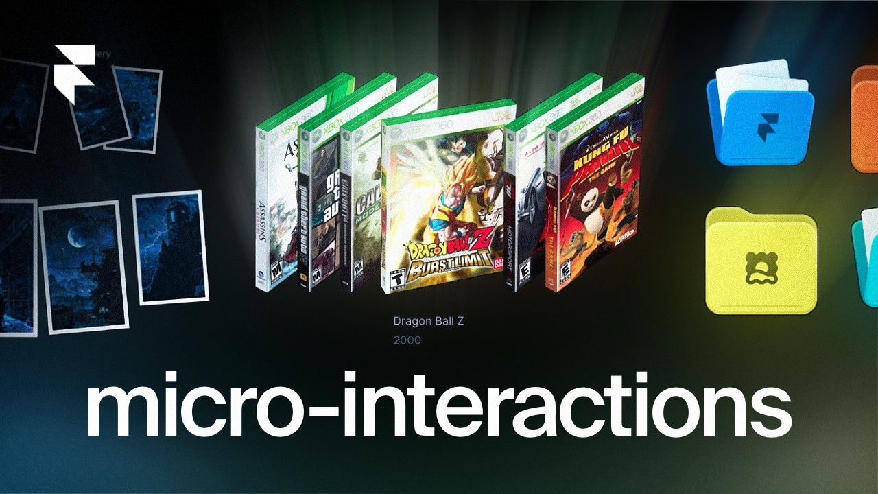 Dynamic display of various Xbox 360 game boxes including 'Dragon Ball Z' highlighted with 'micro-interactions' text and app icons in the background