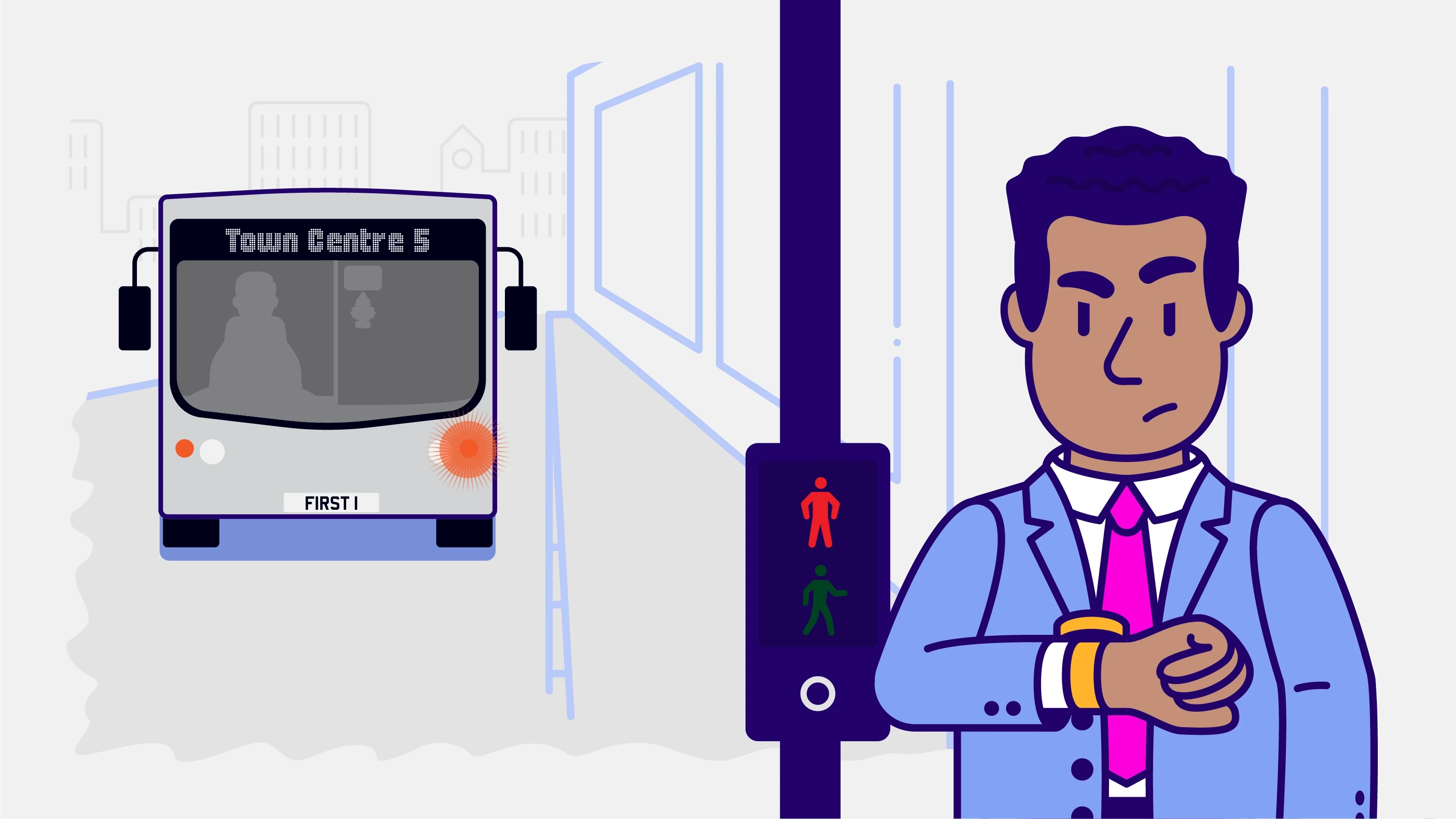 Illustration of impatient man waiting to cross the road with bus getting closer