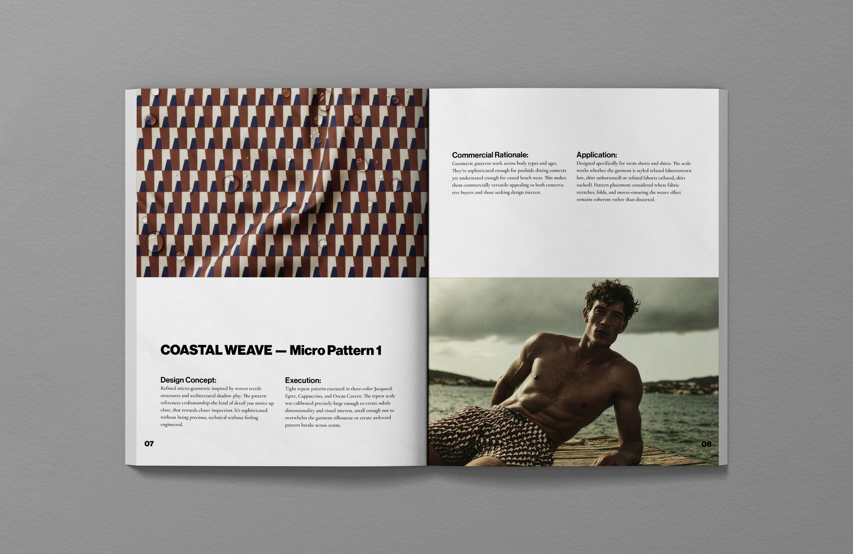 Hugo Boss SS26 editorial spread, Coastal Weave Micro Pattern 1 Jacquard geometric weave fabric detail, model wearing Coastal Weave swim shorts