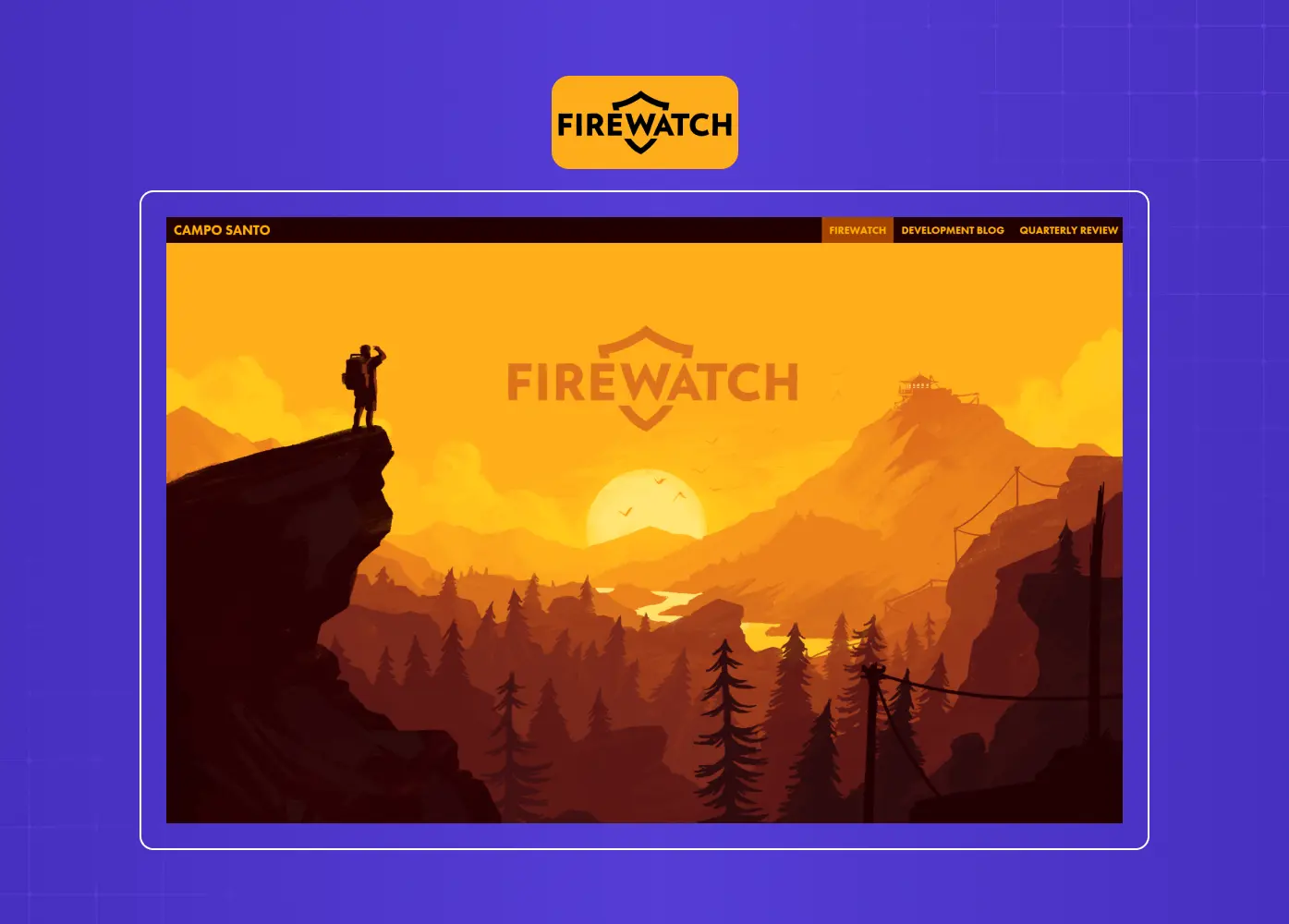 Hero section of the Firewatch website featuring a cinematic landscape illustration with strong visual storytelling and immersive branding.