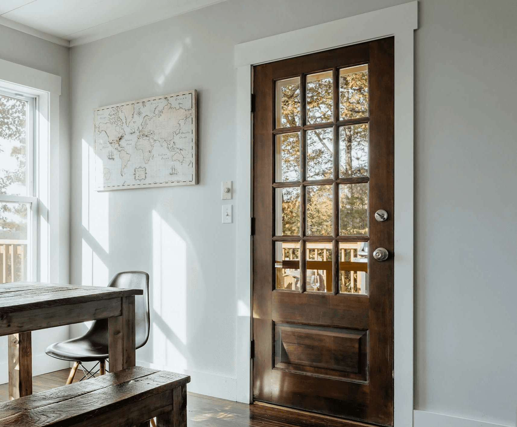 silver door lever on gray door