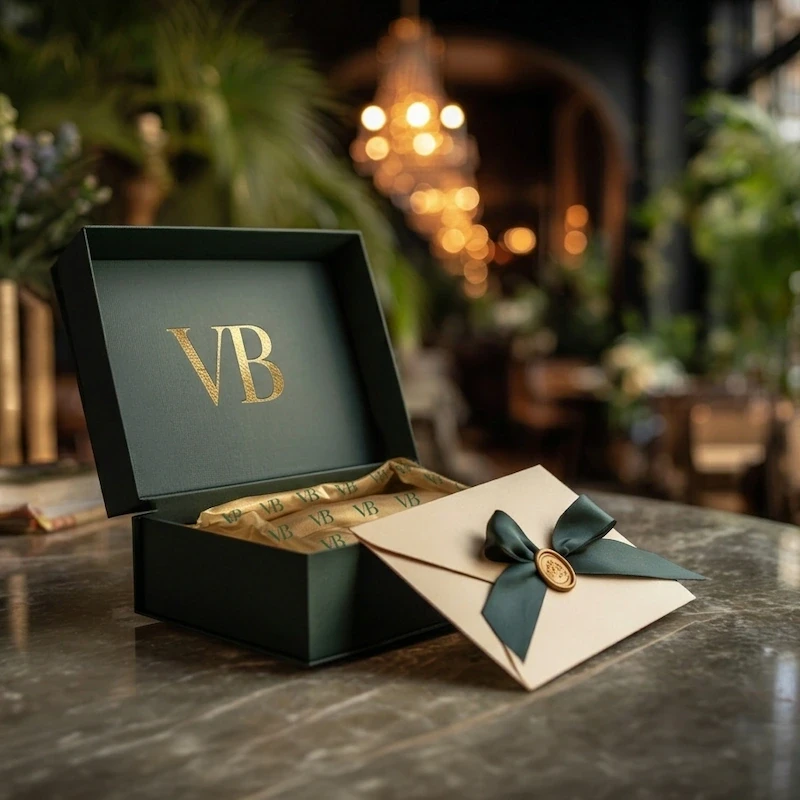 Open green gift box with "VB" printed on the inside cover in gold 