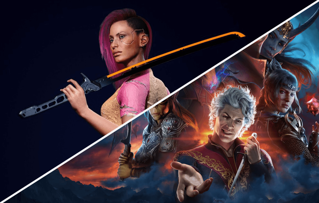image of cyberpunk and baldurs gate 3 game, collage