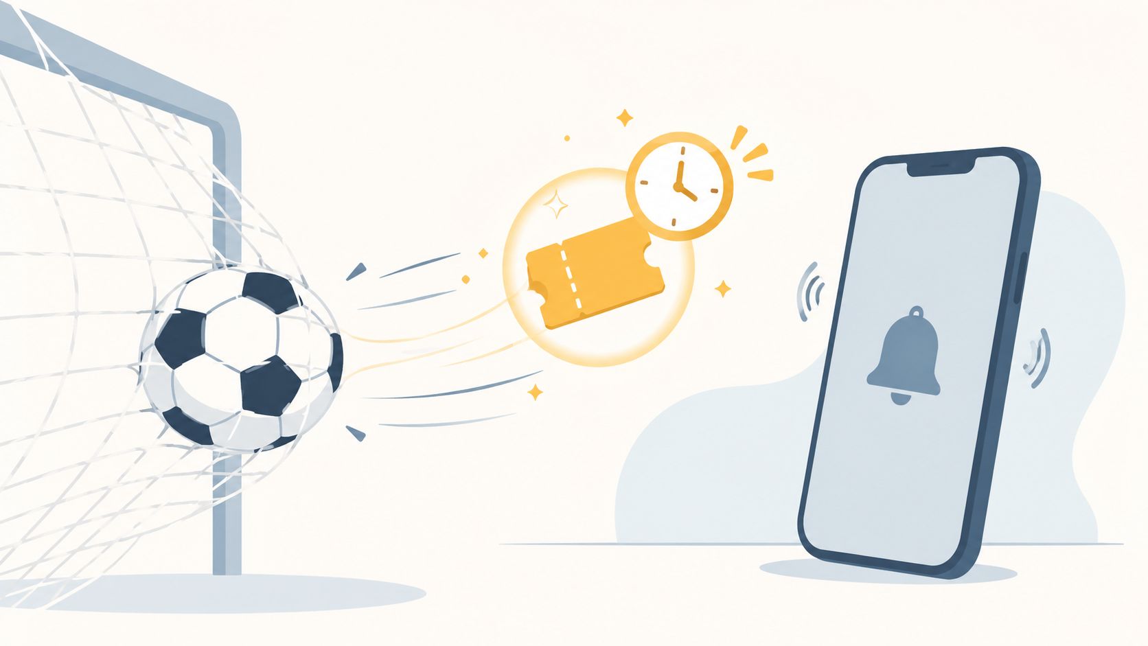 Una ilustración digital que muestra un balón de fútbol anotando un gol junto a notificaciones de boletos.