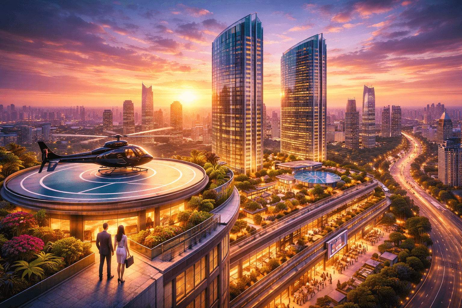 Sleek geometric skyscraper icon rising through clouds symbolizing premium business lofts in Sector 57