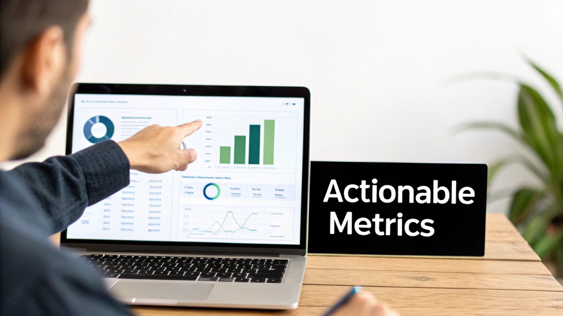 Person pointing at a laptop screen displaying data charts and dashboards, next to an 'Actionable Metrics' sign.