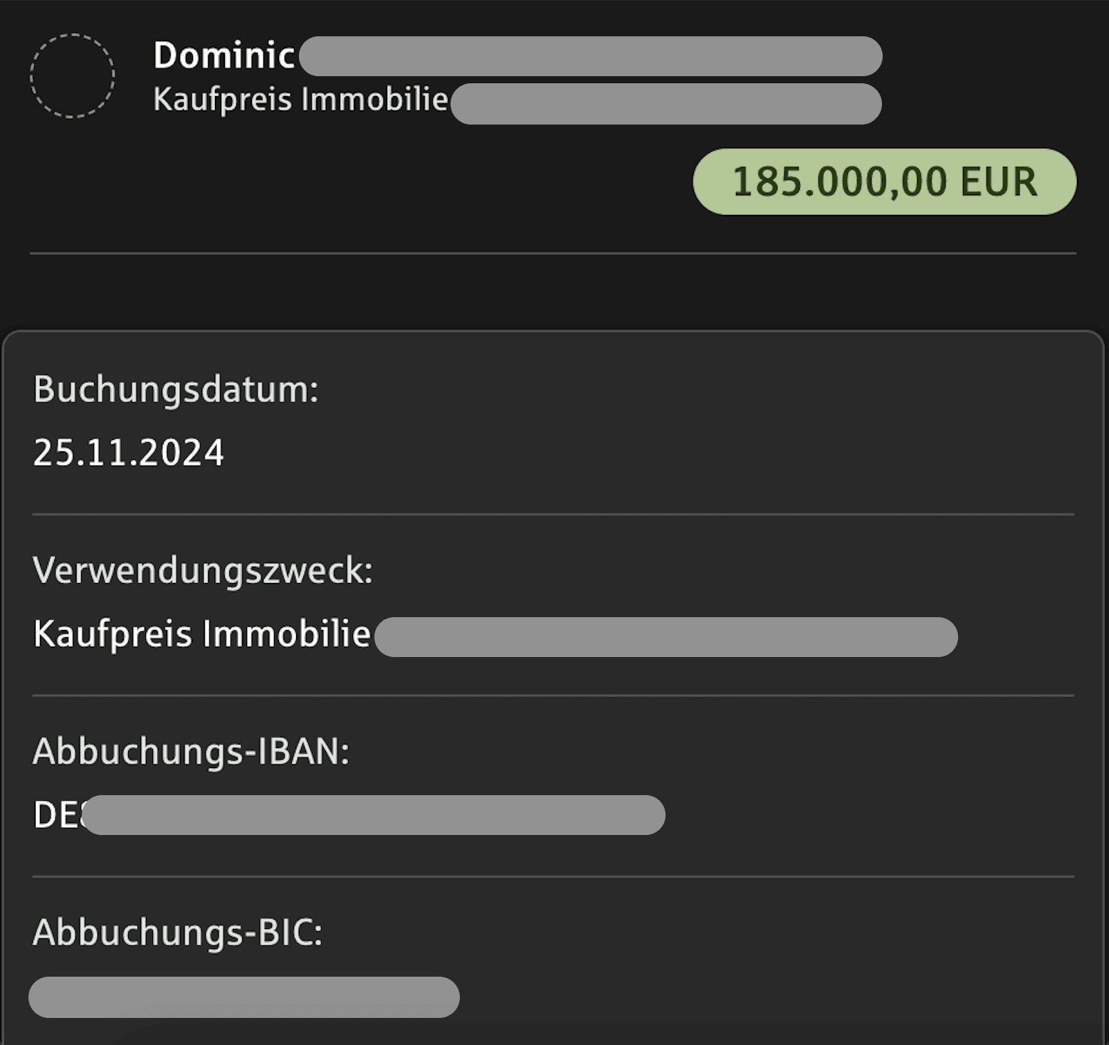 Überweisung €185.000