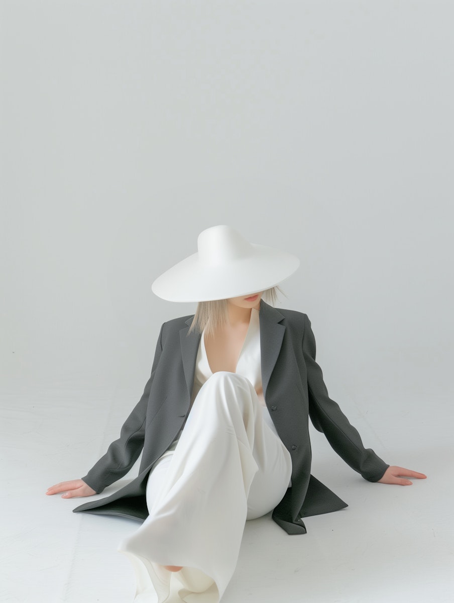 Minimalist fashion shot of a person in a sculptural white hat, gray blazer, and flowing white outfit on a clean white background.