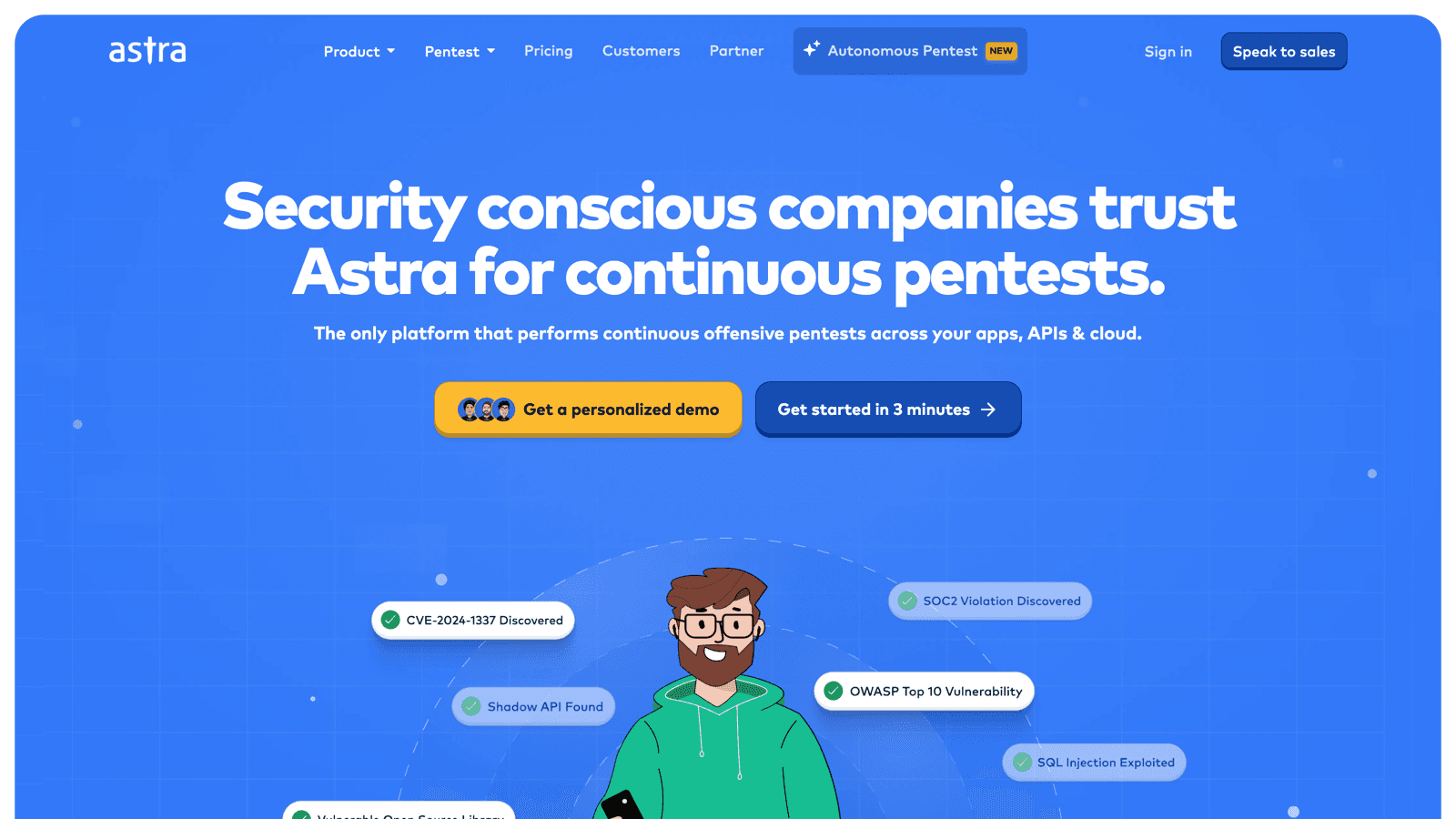 Astra Security homepage with the security conscious companies trust Astra for continuous pentests headline and the apps APIs and cloud positioning line