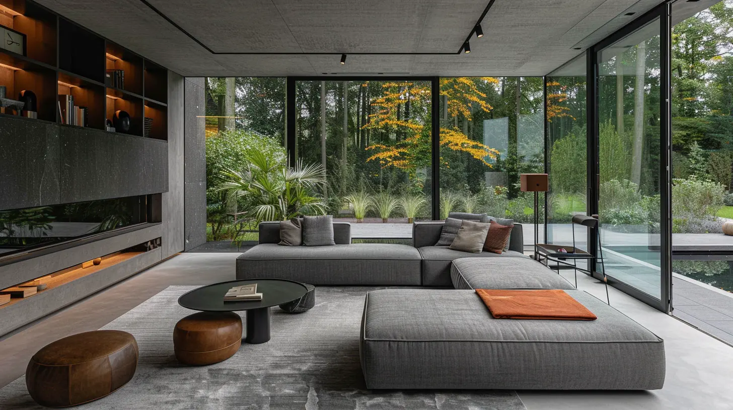 Modernes Wohnzimmer in 3D-Darstellung mit einem großen grauen Ecksofa, einem niedrigen runden schwarzen Tisch, zwei braunen Hockern und raumhohen Fenstern, die den Blick auf einen üppigen Garten und einen Pool freigeben. Das gesamte Design ist in minimalistischen, neutralen Farben gehalten und bietet viel natürliches Licht.