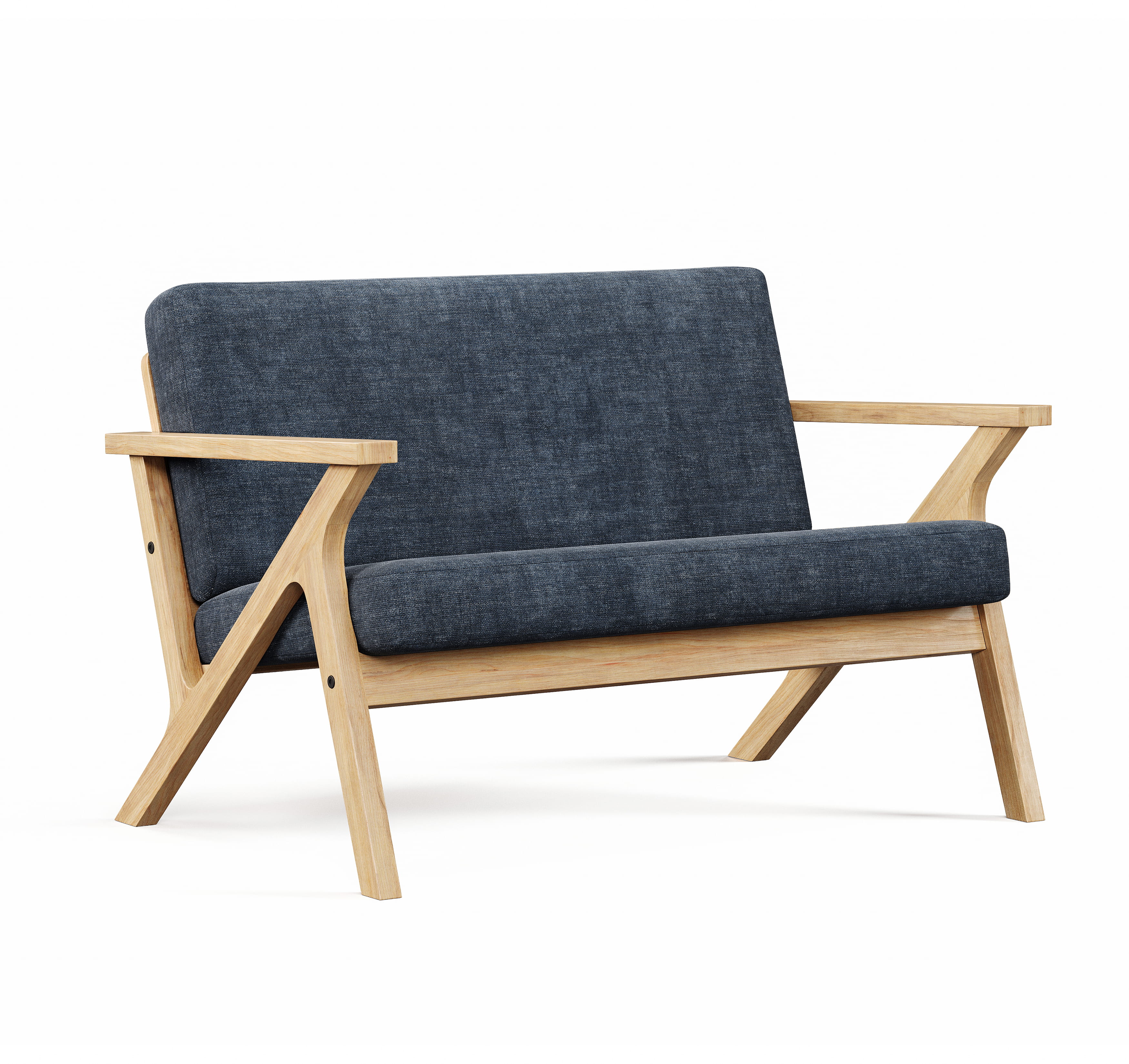 Modern wooden lounge chair with blue upholstered seat, angled studio render