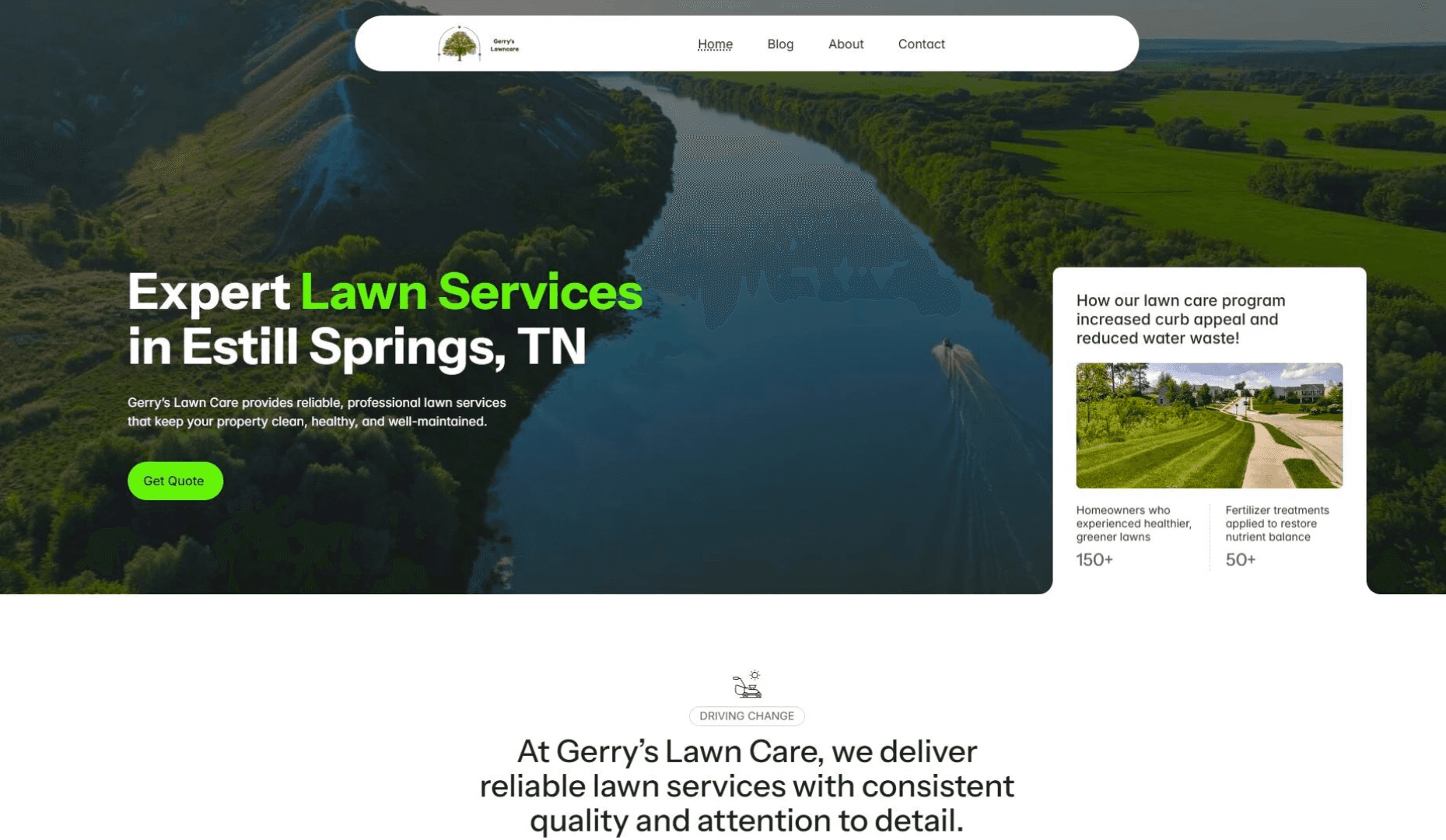 Desktop homepage mockup of Gerry’s Lawn Care website showing lawn care services, mowing, trimming, and professional landscaping layout
