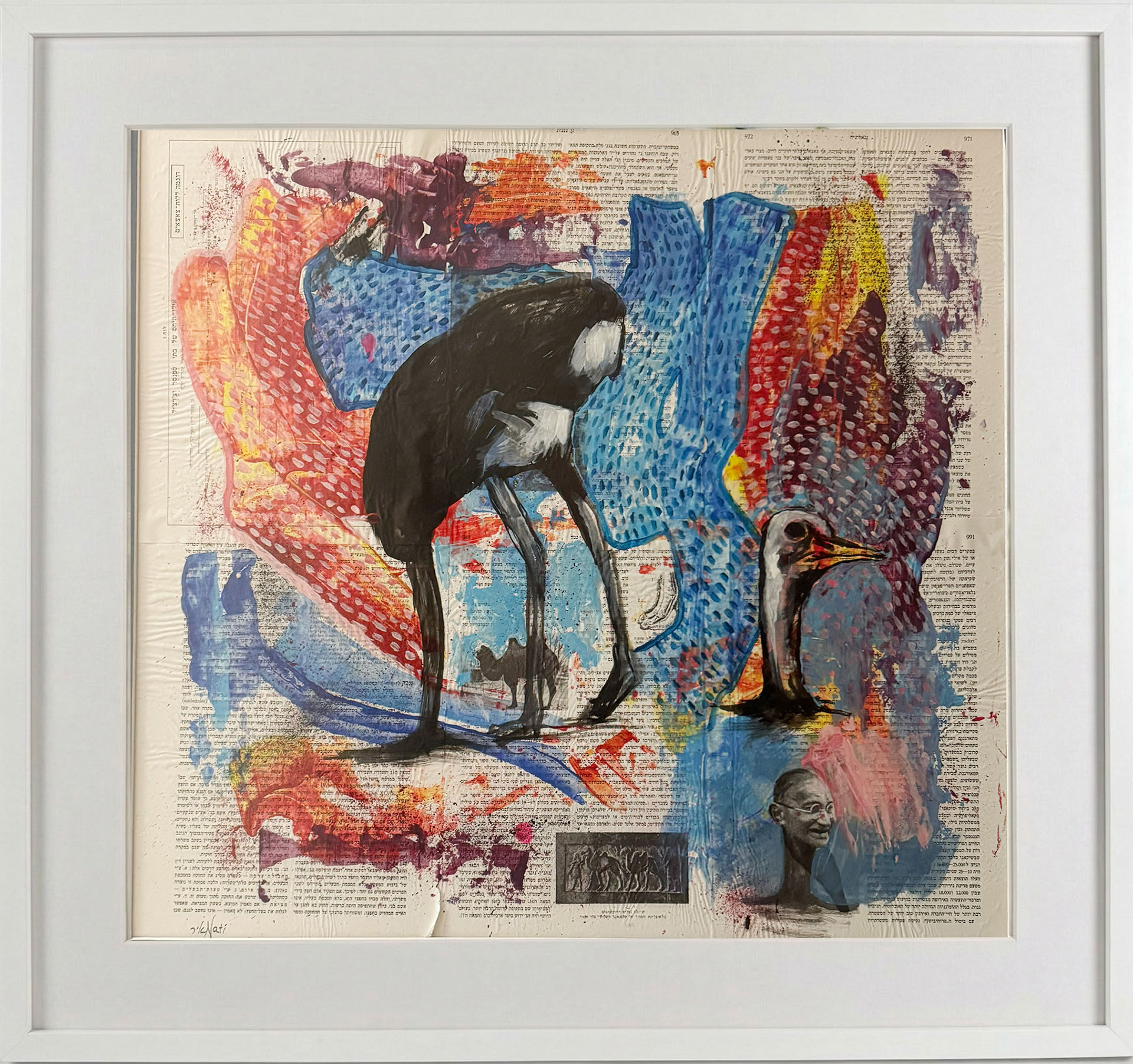An expressive black figure on a blue and red encyclopedia-paper composition
