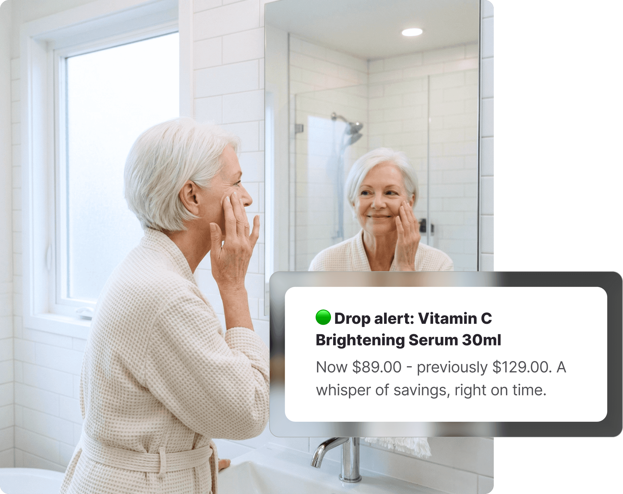 Older woman applying skincare in front of a bathroom mirror, with a Whisprice price drop alert showing a Sephora Vitamin C Brightening Serum dropped from $129 to $89.