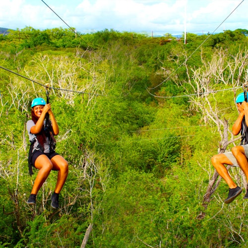 两个人穿着头盔和安全带,在郁郁葱葱的绿色植被中滑索,微笑着享受户外探险的乐趣。