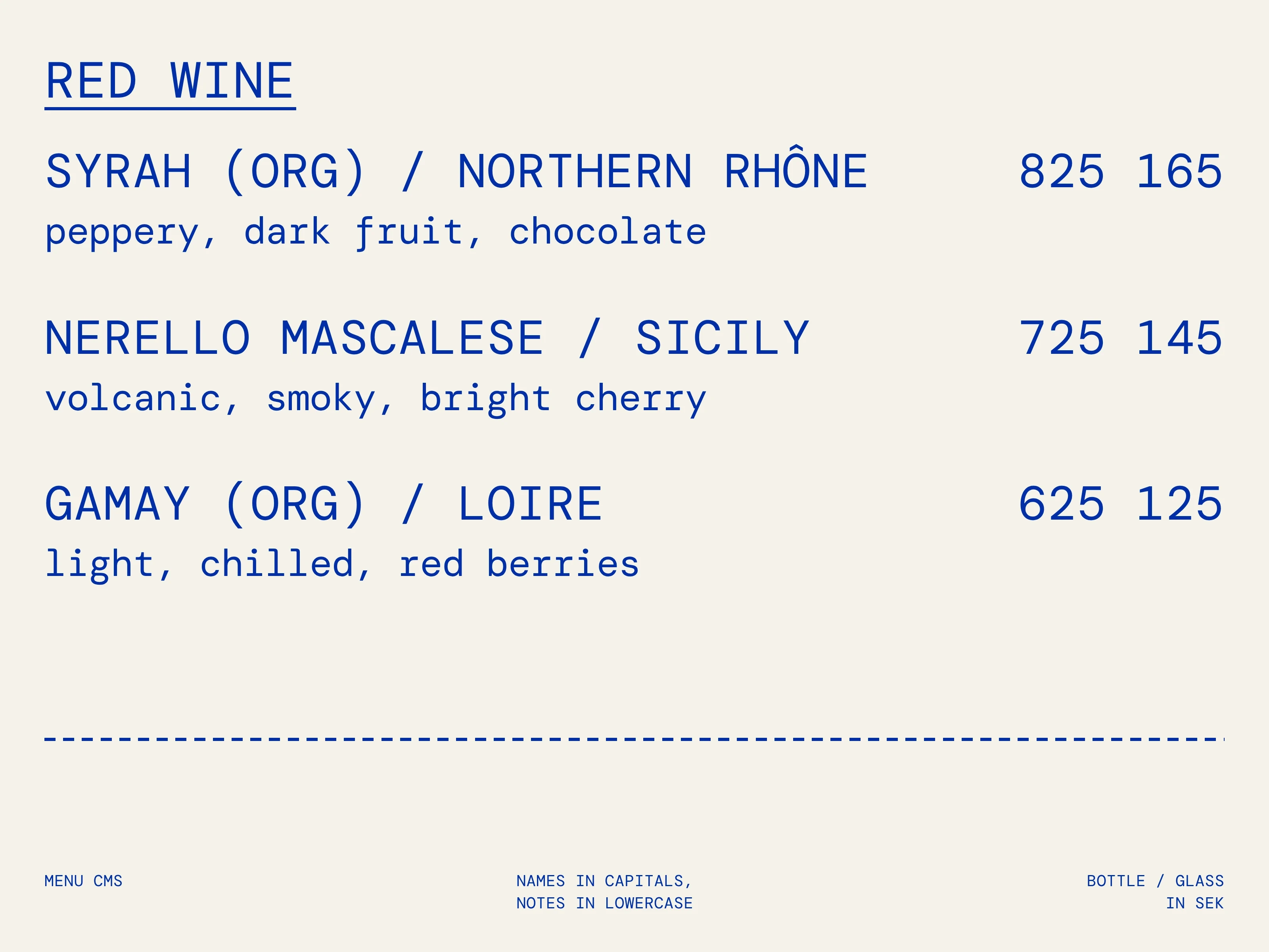 The red wine section of the Vardag menu, with wine names in capitals, tasting notes in lowercase, and bottle and glass prices.