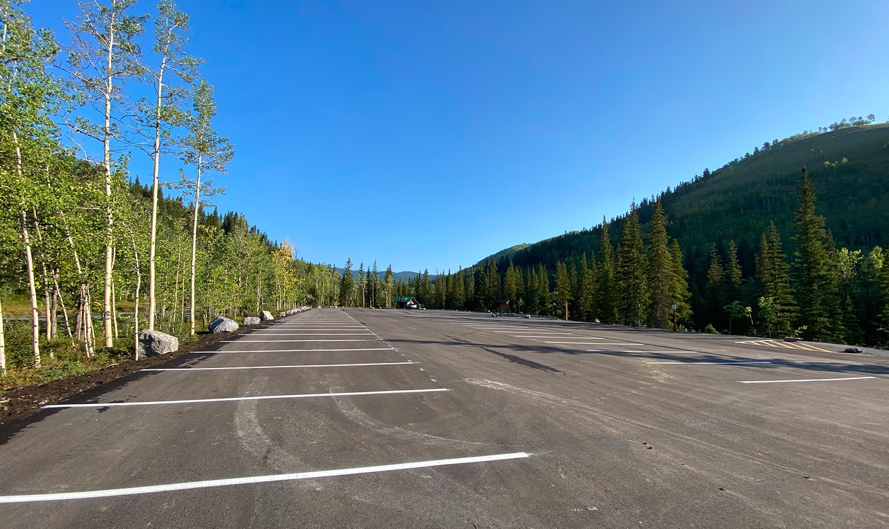 Upper Moose Mountain parking area expansion with landscaping and mountain views in Kananaskis
