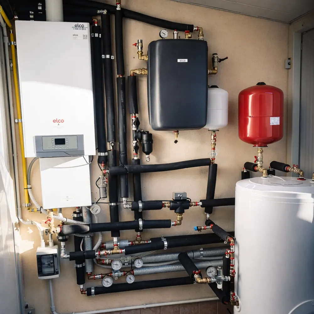 Impianto termico con caldaia, tubazioni coibentate, serbatoi e componenti idraulici installati in locale tecnico.