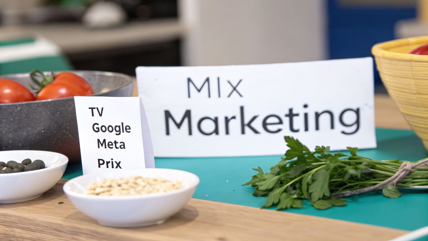 Ingrédients variés et panneaux « MIX Marketing » et « TV Google Meta Prix » sur une table, illustrant le marketing mix.