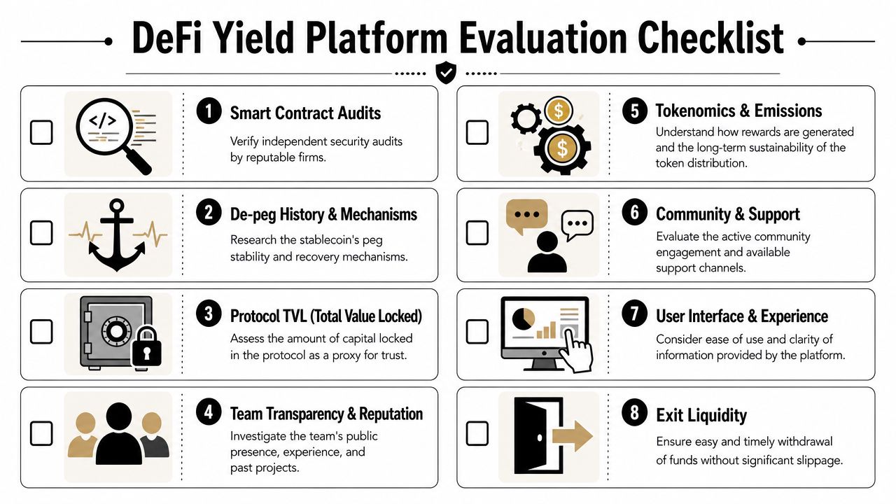 A checklist infographic outlining eight key criteria for evaluating the safety and reliability of DeFi yield platforms.